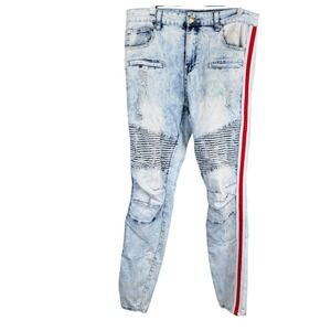 Brooklyn Xpress Mens 36x34 Moto Jeans Light Acid Wash Red Stripe Distressed